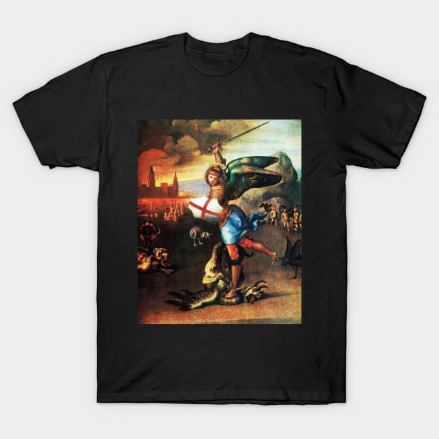 St Michael Archangel and Dragon by Raffaello Sanzio T-Shirt by BulganLumini